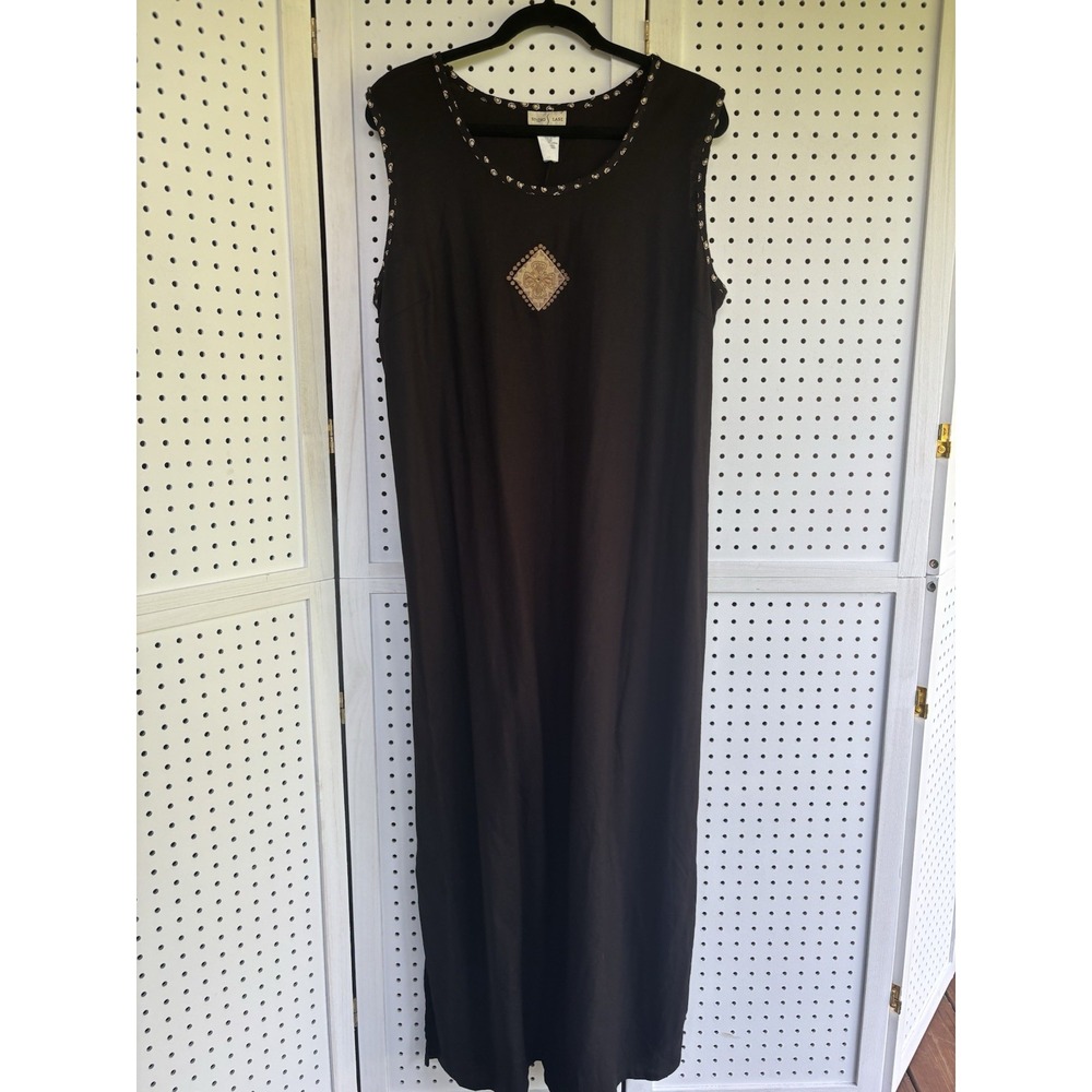 Studio Ease Linen Blend Shift Dress Sz 10 Black Beige Lagenlook Boho Beachy Maxi